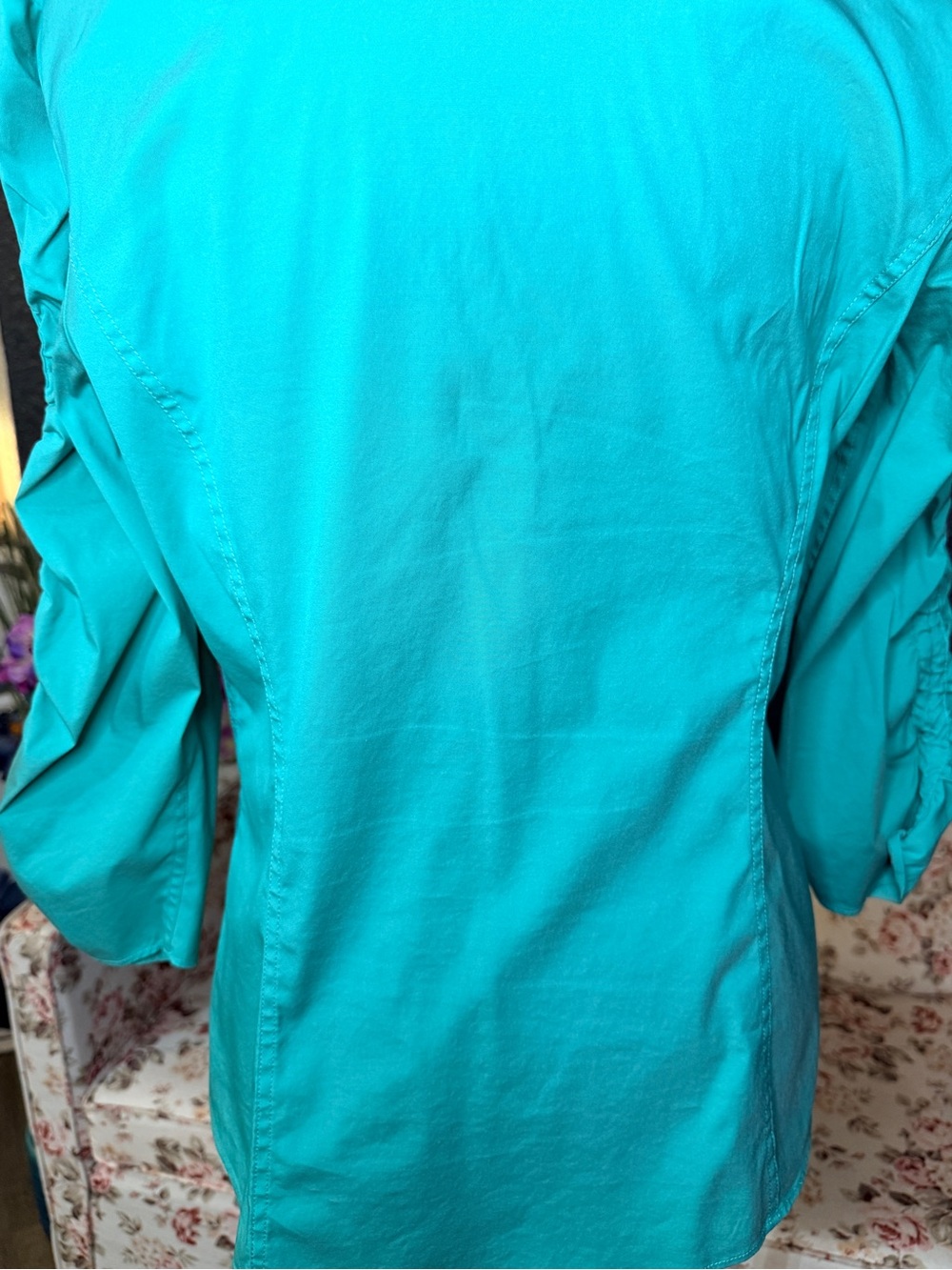 Lafayette 148 New York Ruched Front Button-Down Shirt - Teal - Picture 4 of 8